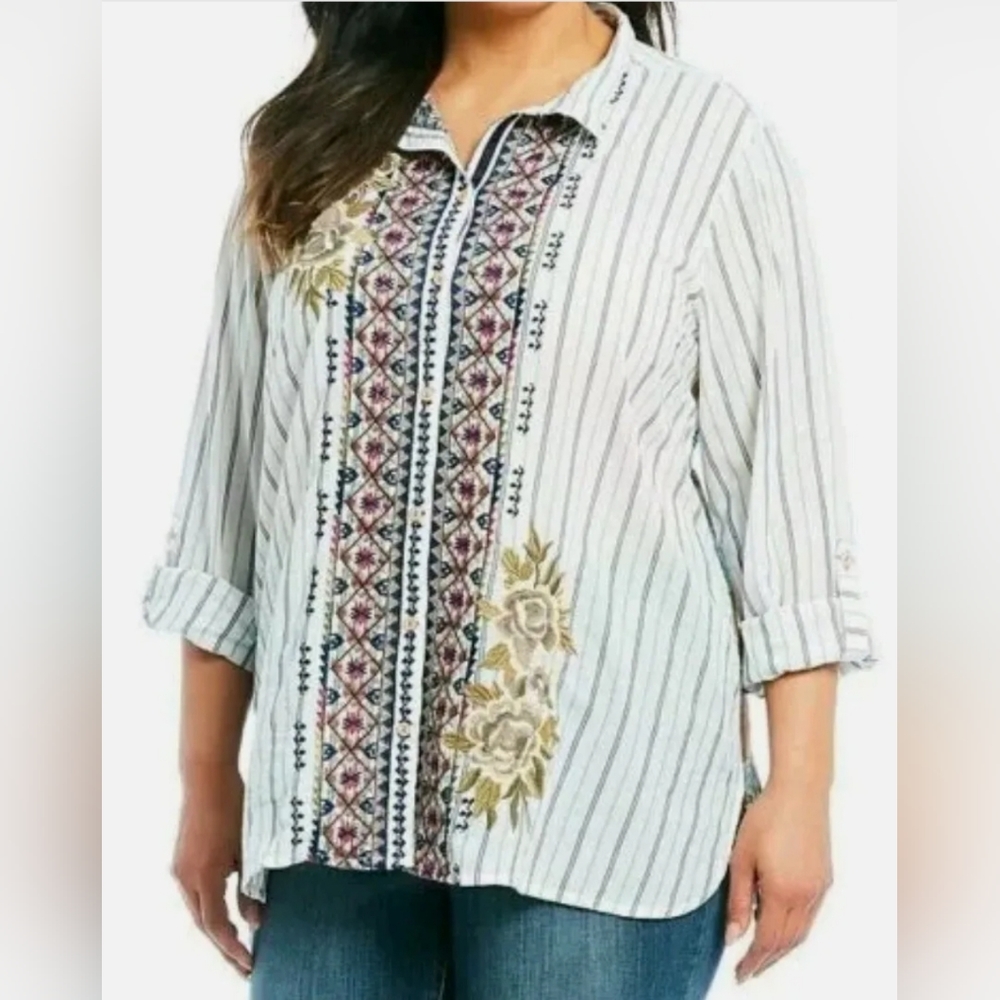 JOHN MARK Soho Striped Embroidered Long Sleeve Button Down Tunic Shirt Small